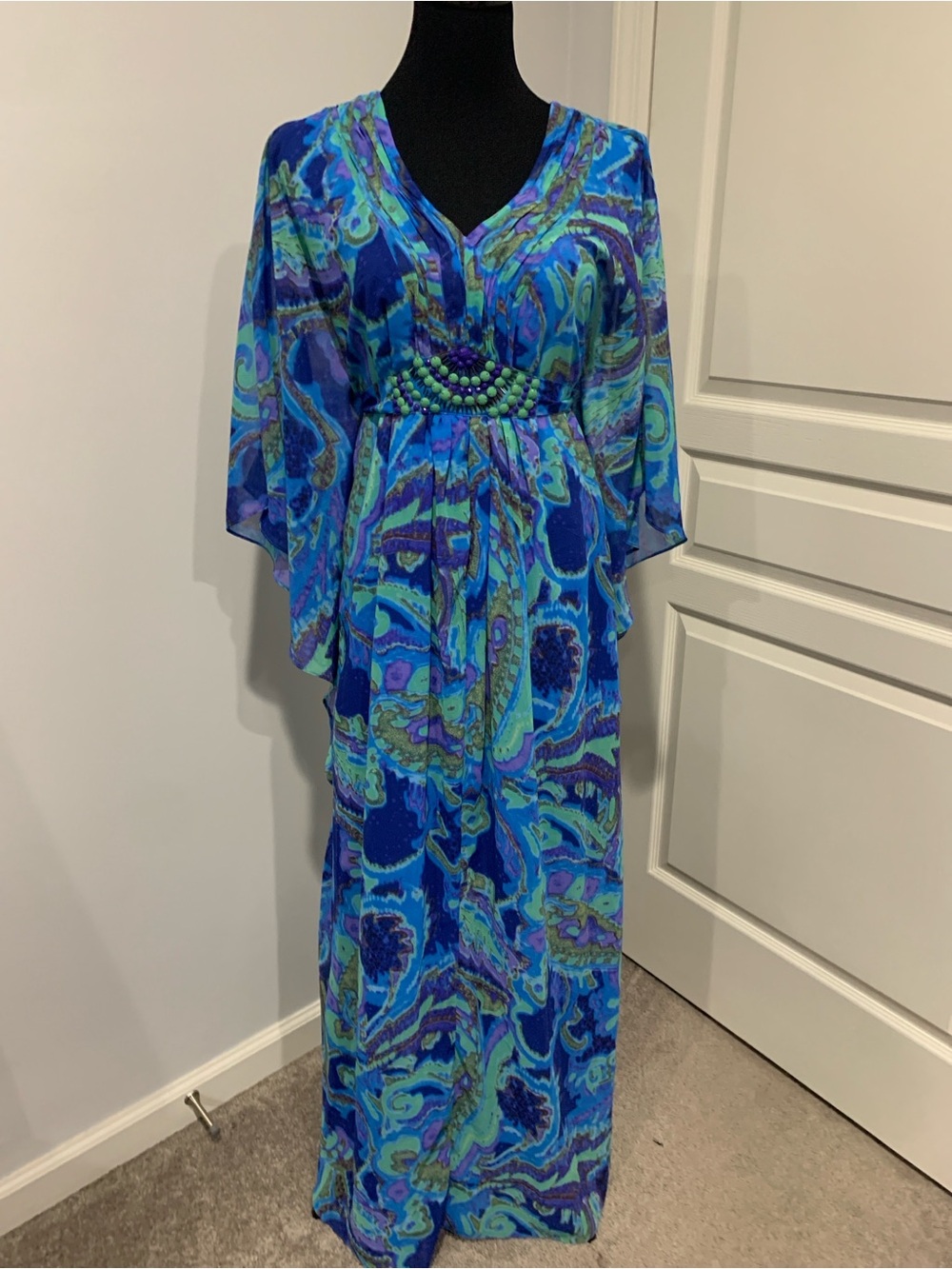 per una Blue & Teal Printed V-Neck Maxi Dress with Beaded Waistband